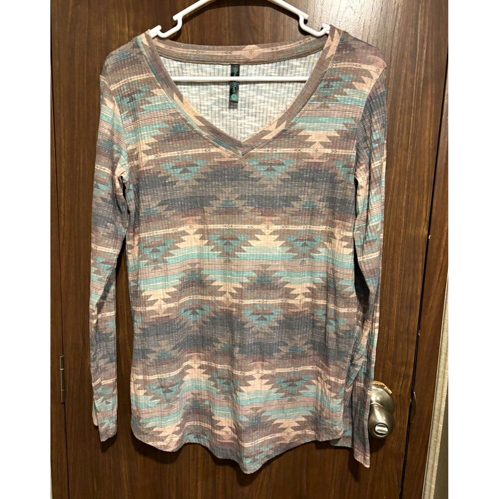 Sterling Kreek Burned Out Aztec Top Geometric V-Neck Long Sleeve Knit Top Size S
